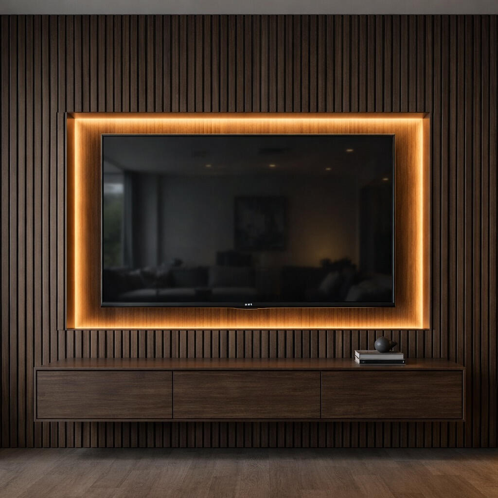 TV media wall with walnut slats and LED backlighting in Lake Nona modern living room